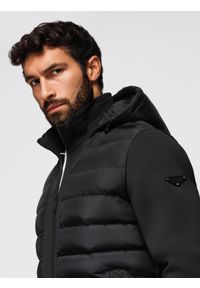 Ombre Clothing - Pikowana kurtka bomberka z kapturem i dzianinowymi rękawami – czarna V1 - Rozmiar: XL. Typ kołnierza: kaptur. Kolor: czarny. Materiał: dzianina. Wzór: aplikacja, nadruk. Styl: klasyczny