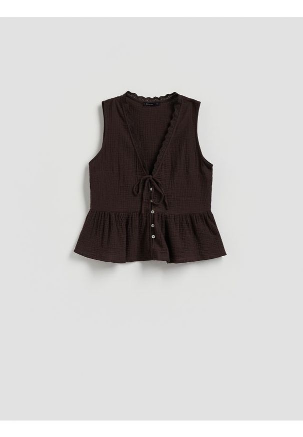 Reserved - Muślinowa bluzka - ciemnobrązowy. Kolor: brązowy. Materiał: bawełna, tkanina