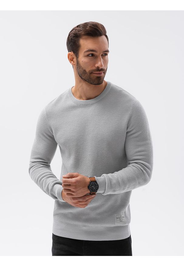 Ombre Clothing - Sweter męski E185 - jasnoszary - XXL. Kolor: szary. Materiał: bawełna, akryl