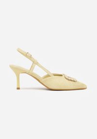 Born2be - Żółte Sandały na Szpilce z Cyrkoniową Klamrą Elinvyra. Okazja: na co dzień. Zapięcie: klamry. Kolor: żółty. Materiał: jeans, satyna. Wzór: kwiaty, aplikacja. Obcas: na szpilce. Styl: wizytowy, casual #3