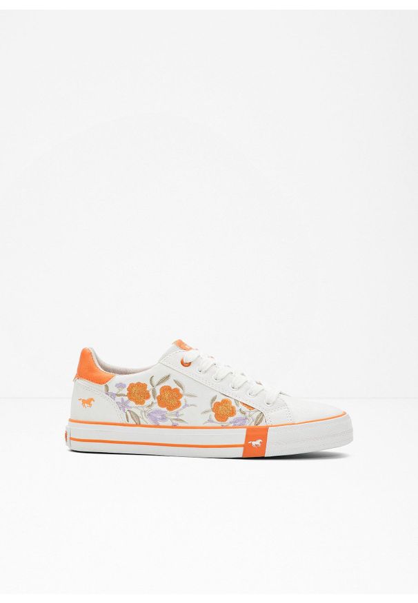 bonprix - Sneakersy marki Mustang z haftem. Kolor: biały. Wzór: nadruk, haft, kwiaty
