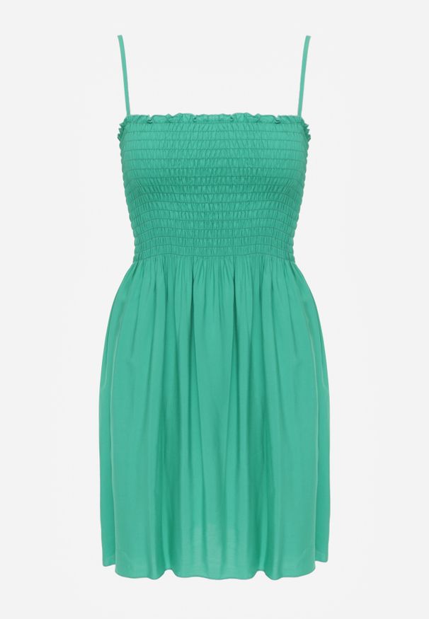 Renee - Zielona Sukienka z Bawełny na Ramiączkach o Rozkloszowanym Kroju z Marszczoną Górą Christten. Okazja: na co dzień. Kolor: zielony. Materiał: bawełna. Długość rękawa: na ramiączkach. Sezon: lato. Typ sukienki: rozkloszowane. Styl: boho, casual, elegancki