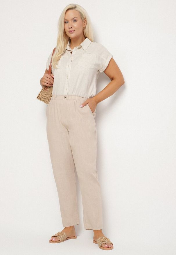 Born2be - Jasnobeżowe Spodnie z Lnem o Klasycznym Kroju Liravaia. Okazja: na co dzień. Kolor: beżowy. Materiał: len. Styl: klasyczny