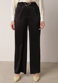 Born2be - Czarne Szerokie Spodnie z Wysokim Stanem z Domieszką Bawełny i Geometryczną Klamrą Syliteia. Okazja: na co dzień. Stan: podwyższony. Kolor: czarny. Materiał: bawełna. Wzór: geometria. Styl: casual #8
