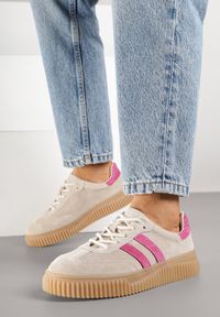 Renee - Beżowo-Fuksjowe Zamszowe Sneakersy w Stylu Kultowych Tenisówek ze Skórzaną Wkładką Tenannia. Okazja: na co dzień. Kolor: beżowy. Materiał: zamsz, skóra #4
