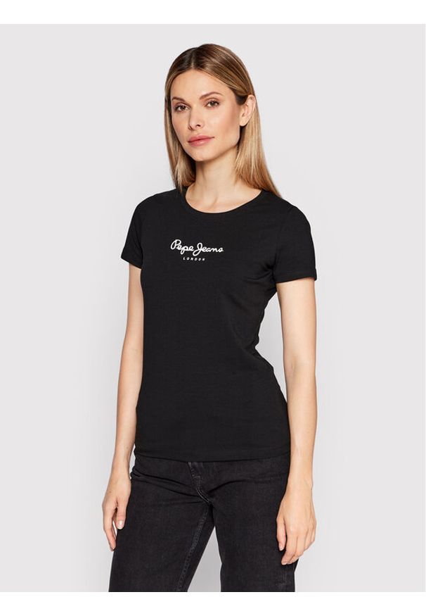 Pepe Jeans T-Shirt New Virginia PL505202 Czarny Slim Fit. Kolor: czarny. Materiał: bawełna