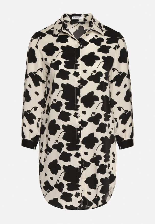 Born2be - Biało-Czarna Sukienka Koszulowa z Abstrakcyjnym Wzorem i Podwijanymi Rękawami Grailuna. Kolekcja: plus size. Kolor: biały. Typ sukienki: koszulowe