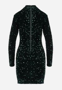 Born2be - Ciemnozielona Dopasowana Sukienka Mini z Półgolfem Zdobiona Cekinami Jurottja. Kolor: zielony. Długość rękawa: długi rękaw. Wzór: aplikacja. Typ sukienki: proste. Długość: mini #5