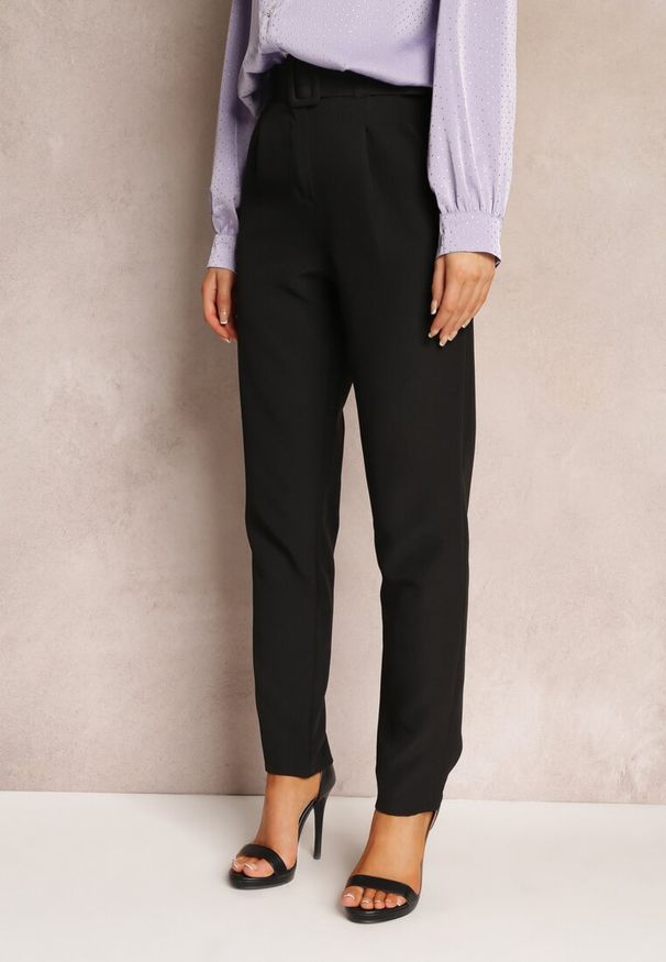 Renee - Czarne Spodnie Garniturowe High Waist z Paskiem Wenus. Okazja: na spotkanie biznesowe, na co dzień. Stan: podwyższony. Kolor: czarny. Materiał: materiał, tkanina. Wzór: gładki, jednolity. Styl: elegancki, biznesowy, casual
