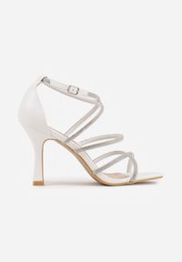 Renee - Białe Sandały na Szpilce z Kwadratowym Noskiem i Cyrkoniowymi Paskami Zeviana. Okazja: na imprezę. Zapięcie: pasek. Kolor: biały. Obcas: na szpilce. Styl: glamour, elegancki #5