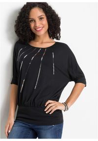 bonprix - Bluzka z lejącej mieszanki wiskozy. Kolor: czarny. Materiał: wiskoza. Wzór: aplikacja. Styl: elegancki #1