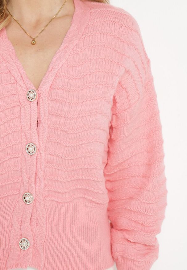 Born2be - Różowy Wiskozowy Kardigan ze Ściągaczami w Poziome Paski Mioriana. Kolor: różowy. Materiał: wiskoza. Wzór: paski. Styl: elegancki