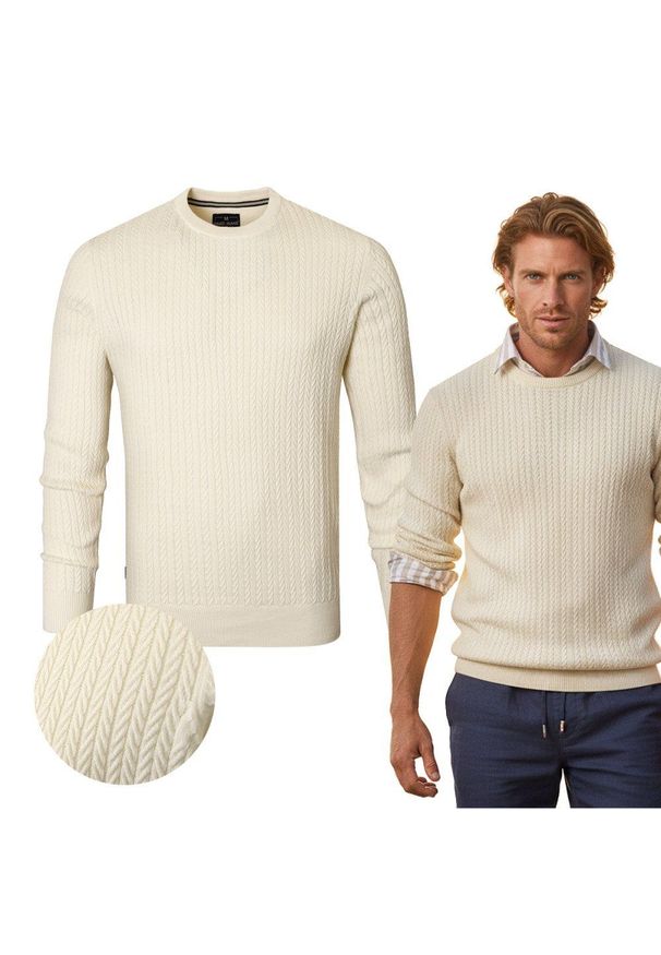 Lekki (Przejściowy) Sweter Męski z Bawełnianej Dzianiny - Pako Jeans - Ecru. Okazja: na spotkanie biznesowe, do pracy. Kolor: brązowy, beżowy, wielokolorowy. Materiał: bawełna. Styl: biznesowy, klasyczny