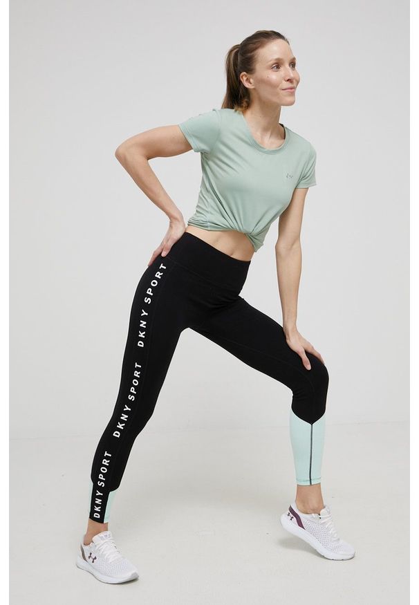 DKNY - Dkny legginsy damskie kolor turkusowy z nadrukiem. Stan: podwyższony. Kolor: turkusowy. Materiał: dzianina. Wzór: nadruk