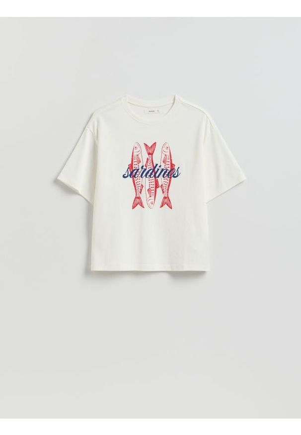 Reserved - T-shirt z nadrukiem - złamana biel. Materiał: bawełna. Wzór: nadruk