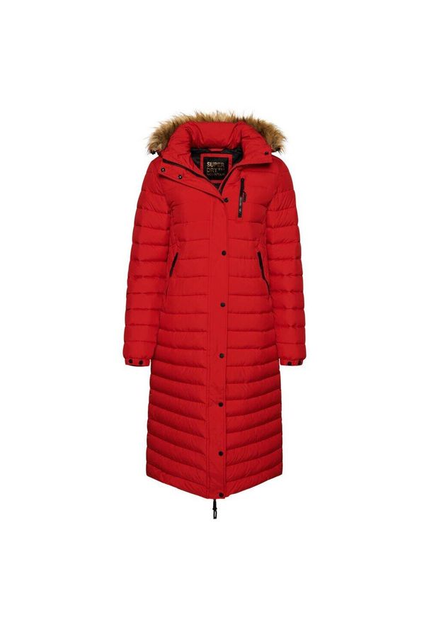 Damska długa kurtka z kapturem Superdry Fuji. Typ kołnierza: kaptur. Kolor: czerwony. Materiał: puch. Długość rękawa: długi rękaw. Długość: długie. Sezon: zima