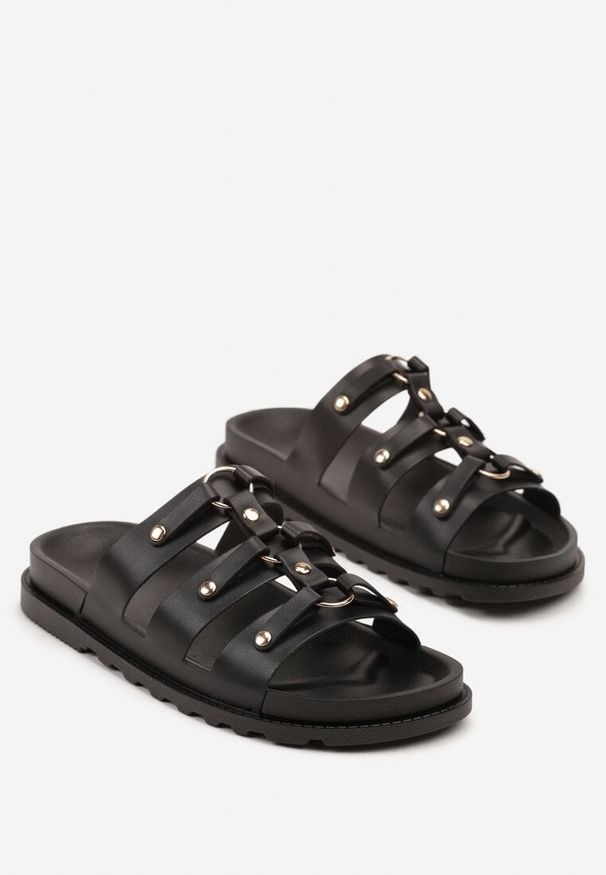 Born2be - Czarne Klapki w Stylu Gladiatorek z Aplikacją Idarose. Okazja: na co dzień, na imprezę. Kolor: czarny. Wzór: aplikacja. Styl: klasyczny, elegancki, casual