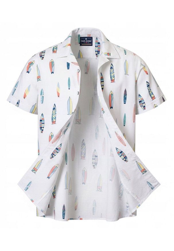 Męska Koszula Hawajska - Pako Jeans - Deski Surfingowe. Okazja: na plażę. Kolor: wielokolorowy. Materiał: wiskoza, bawełna. Styl: wakacyjny