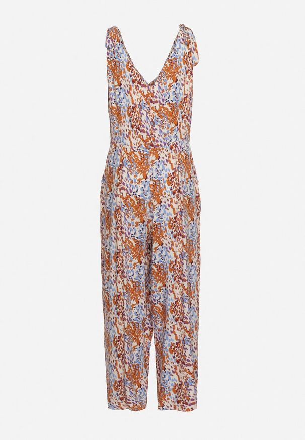 Born2be - Niebiesko-Brązowy Kombinezon z Długimi Nogawkami Wiązanymi Ramiączkami i Abstrakcyjnym Printem Izara. Okazja: na spacer, na co dzień, na imprezę. Kolor: niebieski. Materiał: wiskoza. Długość rękawa: na ramiączkach. Długość: długie. Wzór: nadruk. Sezon: lato. Styl: casual, elegancki