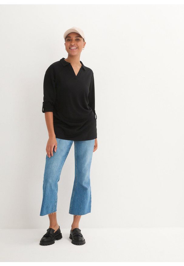 bonprix - Długi shirt polo Punto di Roma. Typ kołnierza: polo. Kolor: czarny. Długość: długie. Styl: elegancki