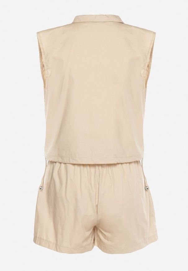 Born2be - Beżowy Komplet z Bawełny Góra na Guziki Szorty z Elastyczną Gumką w Pasie Nestamay. Kolor: beżowy. Materiał: bawełna