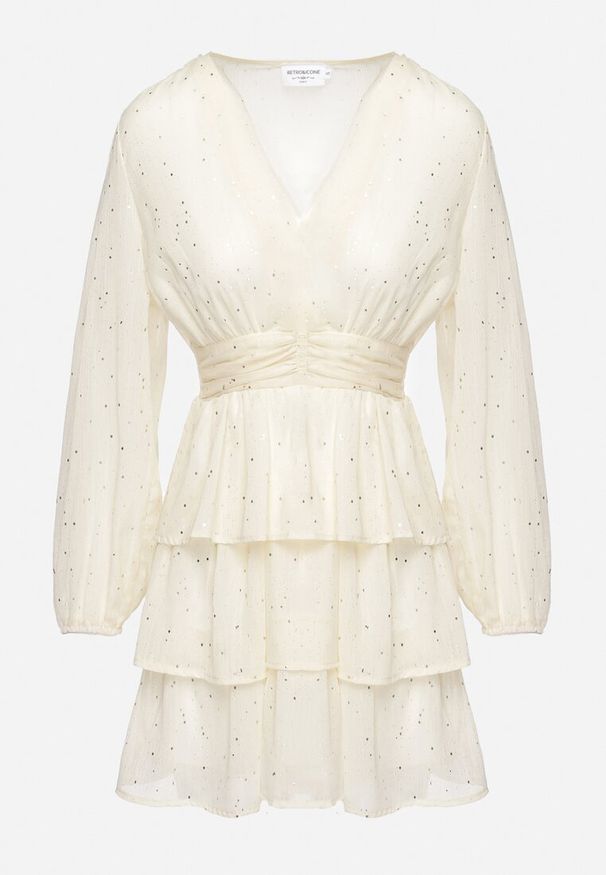 Born2be - Jasnobeżowa Mini Sukienka Rozkloszowana z Metalicznym Nadrukiem i Falbankami Elawnia. Okazja: na imprezę. Typ kołnierza: kołnierz z falbankami. Kolor: beżowy. Wzór: nadruk. Styl: elegancki. Długość: mini