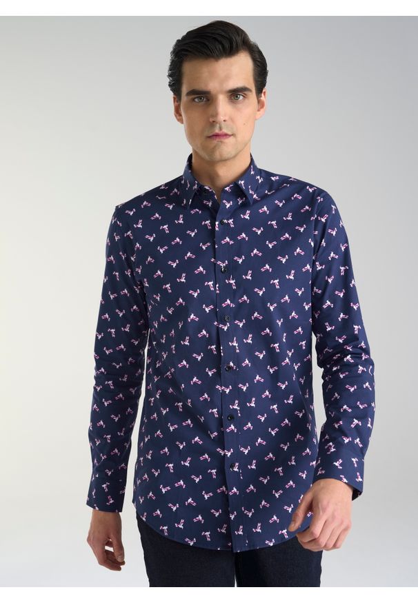 Pako Lorente - PAKO LORENTE – Granatowa koszula w kolibry. Okazja: na co dzień. Kolor: niebieski. Materiał: elastan, bawełna, jeans. Styl: casual