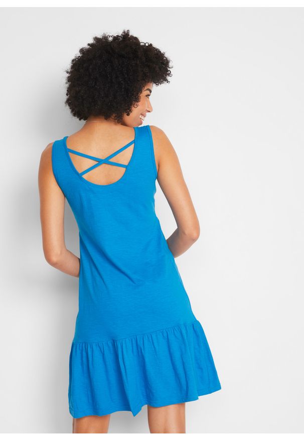 bonprix - Sukienka z dżerseju z falbanami i ozdobnym tyłem. Kolor: niebieski. Materiał: jersey