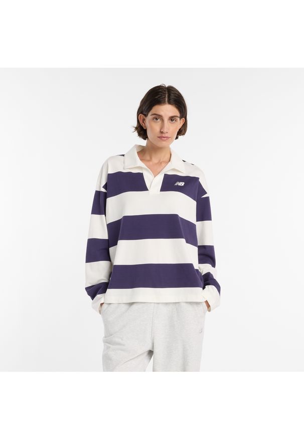 Koszulka damska New Balance WT53522BOY – granatowa. Kolor: beżowy. Materiał: bawełna, materiał. Długość rękawa: długi rękaw. Wzór: paski