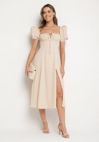 Born2be - Beżowa Sukienka w Rustykalnym Stylu z Wiązaniem przy Dekolcie i Rozcięciem Idanillea. Okazja: na co dzień, na spacer. Typ kołnierza: dekolt kwadratowy. Kolor: beżowy. Typ sukienki: rozkloszowane. Styl: casual #1