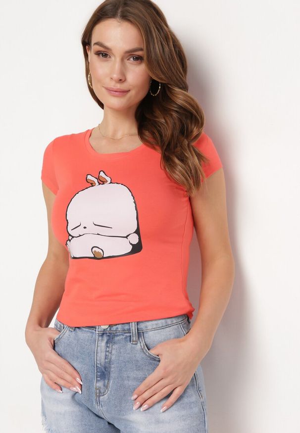 Born2be - Pomarańczowy Bawełniany T-shirt z Ozdobnym Nadrukiem Ianestra. Kolor: pomarańczowy. Materiał: bawełna. Wzór: nadruk. Sezon: lato