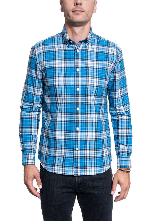Wrangler - KOSZULA MĘSKA WRANGLER LS 1PKT BUTTON DOWN PARISIAN BLUE W5A3BMX96 112130022. Typ kołnierza: button down