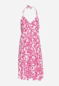 Born2be - Różowa Rozkloszowana Sukienka na Ramiączkach Wiązana na Szyi z Dekoltem w Serek Beviana. Okazja: na co dzień. Typ kołnierza: dekolt w serek. Kolor: różowy. Materiał: skóra, bawełna, materiał. Długość rękawa: na ramiączkach. Styl: klasyczny, casual, elegancki #4