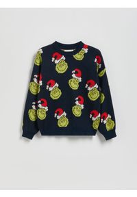 Reserved - Świąteczny sweter Grinch - granatowy. Kolor: niebieski. Materiał: dzianina, wiskoza. Styl: wizytowy