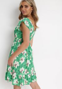 Born2be - Zielona Sukienka Bawełniana w Kwiaty Aimya. Kolor: zielony. Materiał: bawełna. Wzór: kwiaty. Sezon: lato #2
