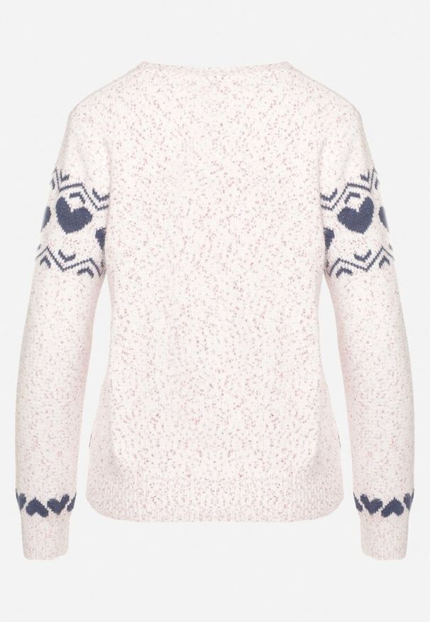 Born2be - Jasnoróżowy Dzianinowy Sweter w Serca Ritavem. Kolor: różowy. Materiał: dzianina. Długość rękawa: długi rękaw. Długość: długie. Wzór: nadruk. Styl: klasyczny, elegancki