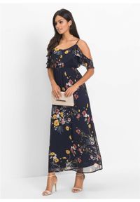 Długa sukienka z odsłoniętymi ramionami, w kwiatowy deseń bonprix ciemnoniebieski z nadrukiem. Kolor: niebieski. Wzór: kwiaty, nadruk. Długość: maxi #2