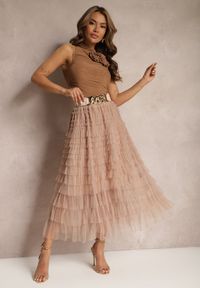 Renee - Ciemnobeżowa Tiulowa Spódnica Maxi z Gumką w Pasie i Falbankami Mahlia. Kolor: beżowy. Materiał: tiul