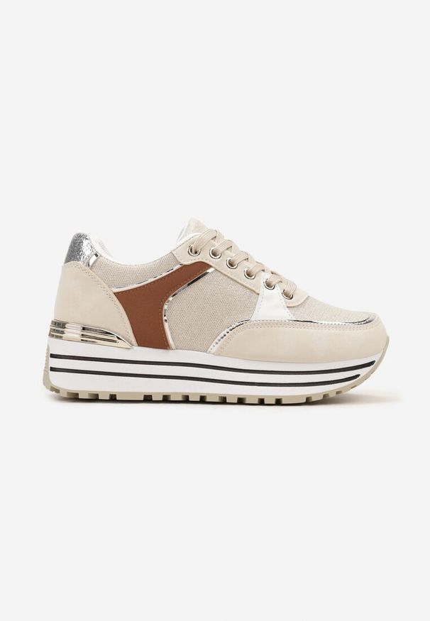 Born2be - Beżowe Sneakersy z Materiałowymi Wstawkami i Brokatem Jutofa. Kolor: beżowy. Materiał: materiał