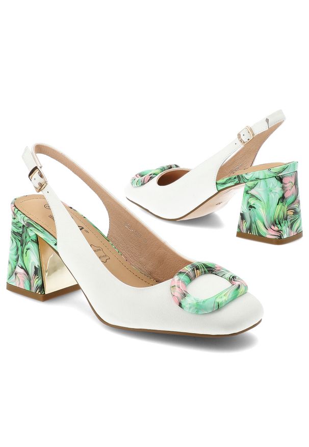 Czółenka damskie S.Barski, cholewka ze skóry naturalnej z elegancką broszką i stabilnym obcasem, zielone, LZ61-2010. Okazja: na wesele, na imprezę, na ślub cywilny. Zapięcie: pasek. Kolor: biały. Szerokość cholewki: normalna. Wzór: aplikacja. Materiał: skóra. Obcas: na obcasie. Styl: elegancki. Wysokość obcasa: średni