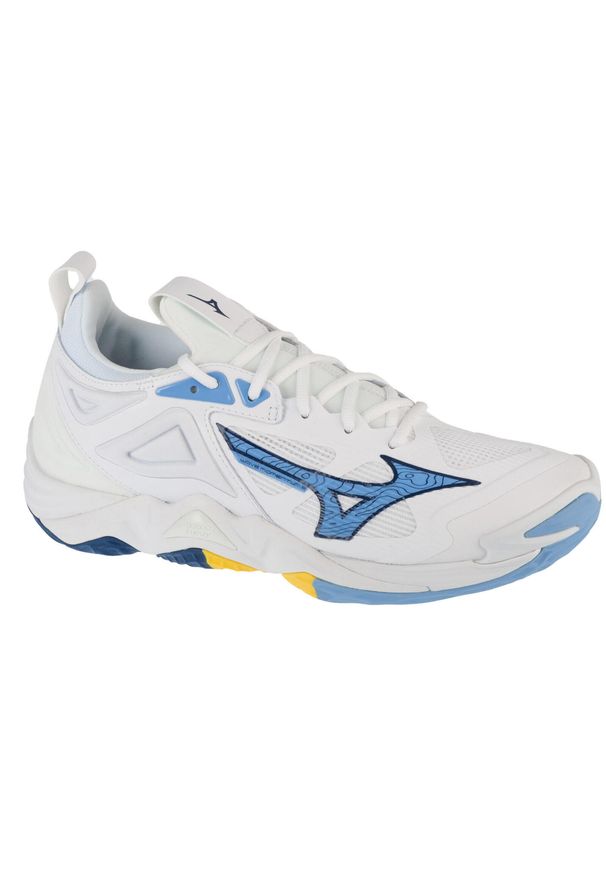 Mizuno - Buty do siatkówki unisex, Wave Momentum 3. Kolor: biały, niebieski, wielokolorowy. Model: Mizuno Wave. Sport: siatkówka