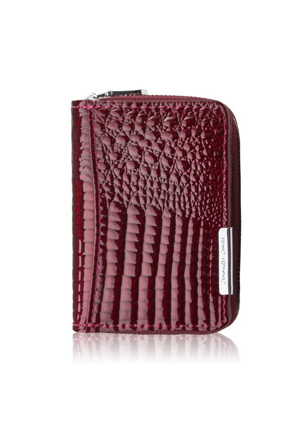 PAOLO PERUZZI - Portfel damski skórzany mini burgundowy skóra naturalna lakierowana croco SP-18-CBGD. Kolor: czerwony. Materiał: skóra