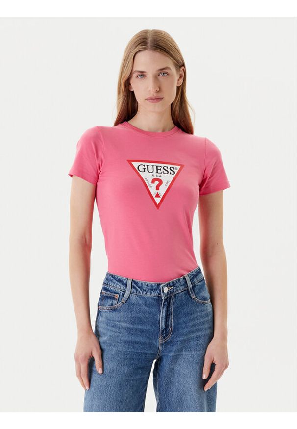 Guess Jeans T-Shirt W4YI04 J1314 Różowy Slim Fit. Kolor: różowy. Materiał: bawełna