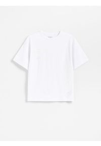 Reserved - Bawełniany t-shirt z aplikacją - złamana biel. Materiał: bawełna. Wzór: aplikacja