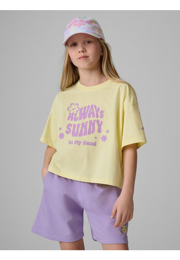 4f - 4F T-shirt loose z nadrukiem dziewczęcy - żółty 146/152 (10-12 lat). Okazja: na co dzień. Kolor: żółty. Materiał: materiał, bawełna, dzianina. Długość: krótkie. Wzór: nadruk. Sezon: lato. Styl: casual