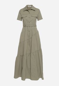 Born2be - Ciemnobeżowa Taliowana Sukienka z Bawełny w Koszulowym Stylu z Imitacją Kieszeni Masefia. Okazja: na co dzień. Kolor: beżowy. Materiał: bawełna. Wzór: aplikacja. Typ sukienki: koszulowe. Styl: casual, elegancki, wizytowy #2