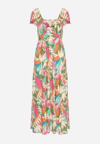 Born2be - Zielona Wiskozowa Sukienka w Kwiaty z Wiązaniem przy Dekolcie i Falbanką Meviera. Okazja: na co dzień, na randkę, na spacer. Kolor: zielony. Materiał: wiskoza. Wzór: kwiaty. Sezon: lato. Styl: casual #4