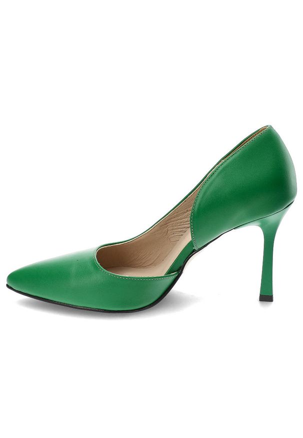 Zielone Szpilki Karino Eleganckie Skórzane Buty. Okazja: na imprezę. Zapięcie: bez zapięcia. Kolor: zielony. Materiał: skóra. Szerokość cholewki: normalna. Obcas: na szpilce. Styl: elegancki