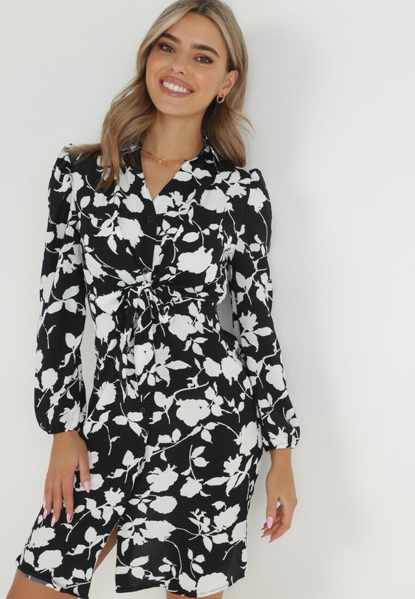 Born2be - Czarna Sukienka Koszulowa z Wiązaniem Aieho. Kolor: czarny. Długość rękawa: długi rękaw. Typ sukienki: koszulowe. Długość: mini