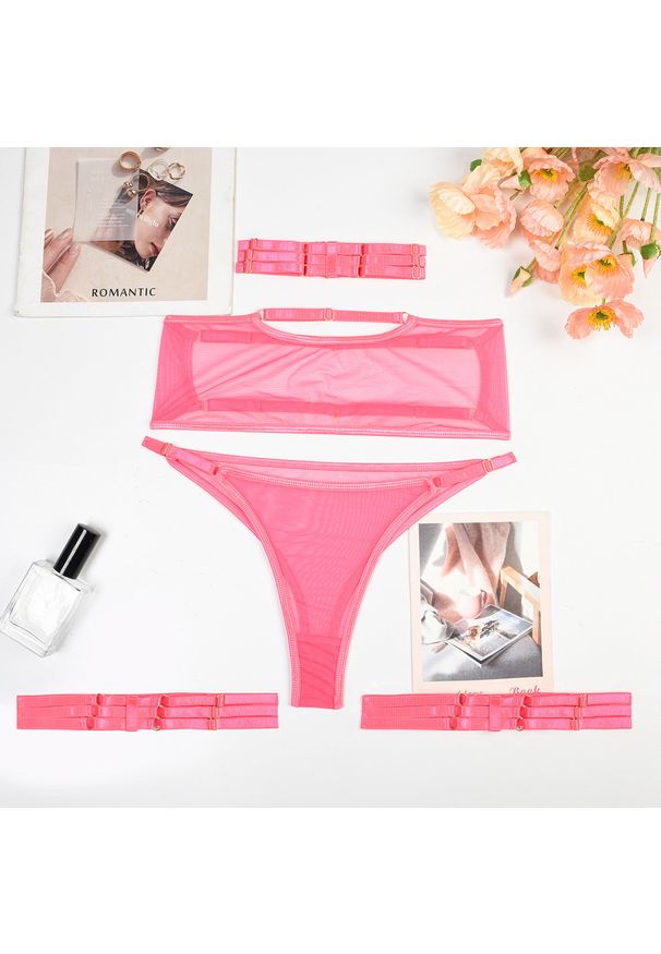 Intica - Komplet bielizny transparentny z chokerem Lashaun. Kolor: różowy. Materiał: materiał